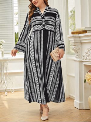 Plus Size Retro Printed Collared Waist Dress