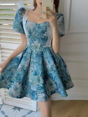 Chic Floral Puff Sleeve Summer Cinched Dress