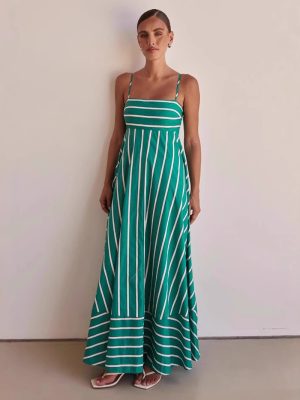 Striped Backless Swing Dress with Spaghetti Straps