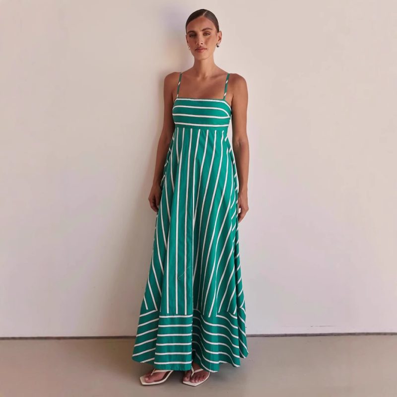 Striped Backless Swing Dress with Spaghetti Straps