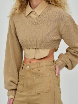 Cropped Pullover Long Sleeve Knit Shirt Women