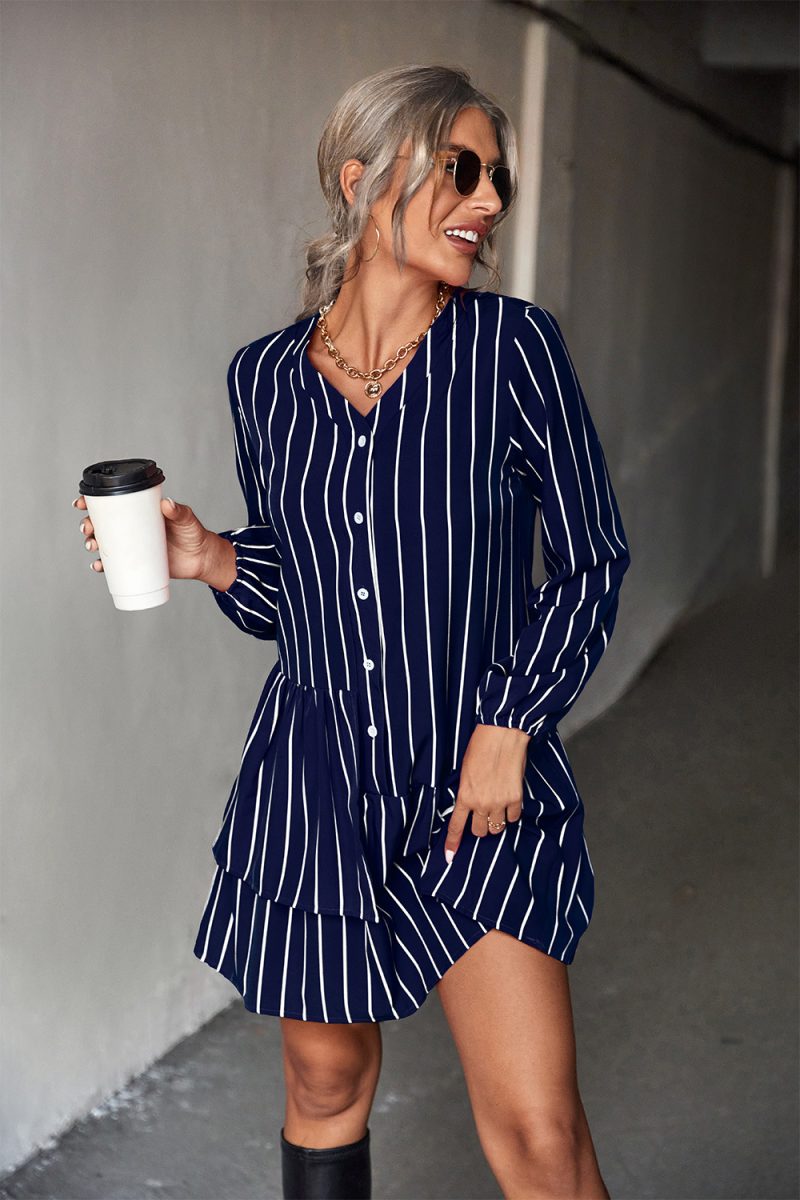 Classic Striped Asymmetric Loose Winter Dress - Image 3