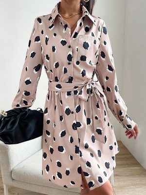 Women’s Autumn Button Front Pocket Shirt Dress
