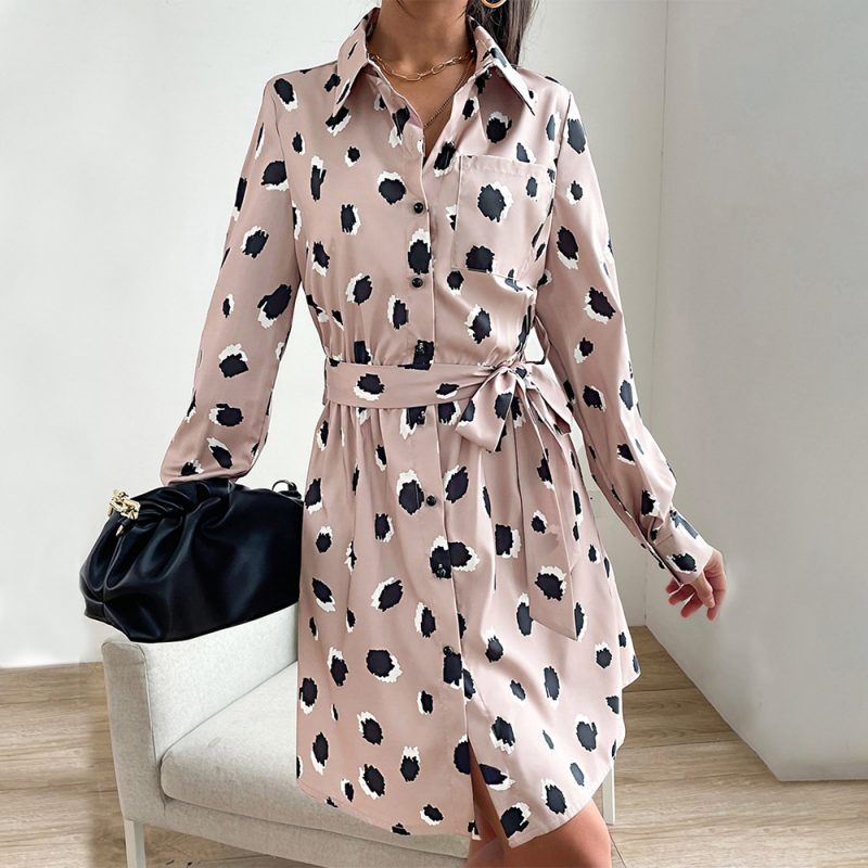 Women’s Autumn Button Front Pocket Shirt Dress