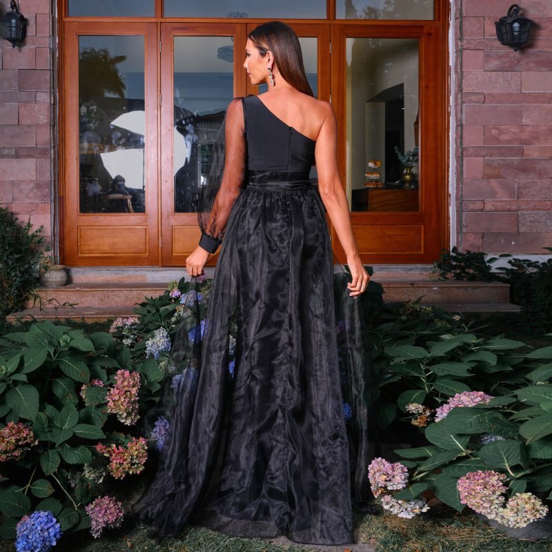 Elegant Black One-Shoulder Mesh Evening Dress - Image 3