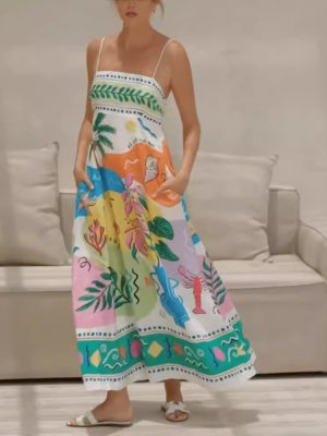 Positioned Print Spaghetti Strap Swing Dress Summer