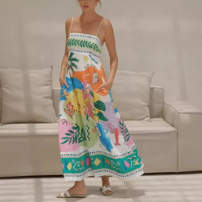 Positioned Print Spaghetti Strap Swing Dress Summer