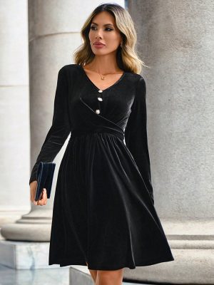 French Velvet V-Neck Elegant Black Dress