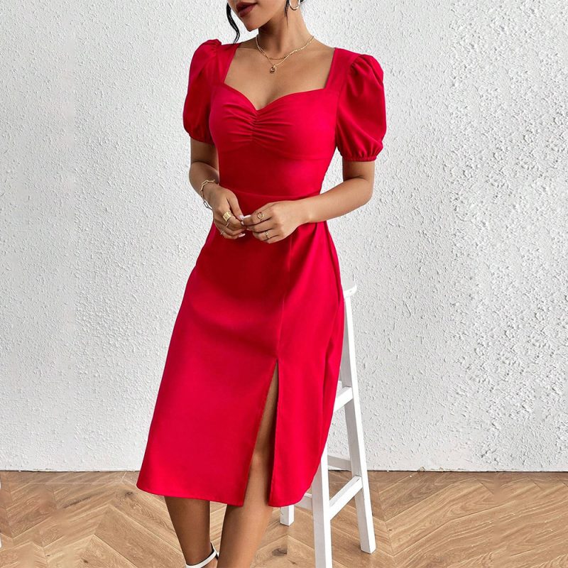 Graceful Square Neck Pleated Slit Dress - Image 3