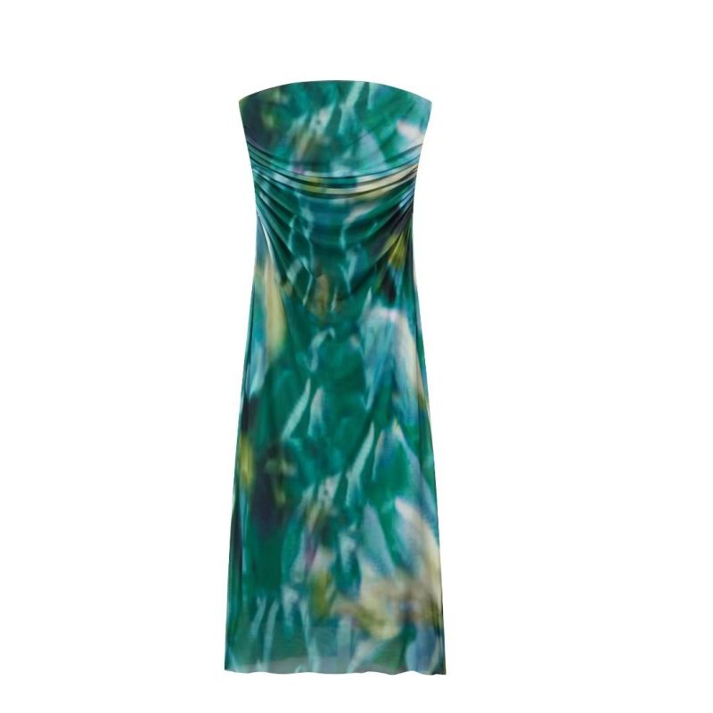 French Backless Silk Print Tube Top Dress - Image 4