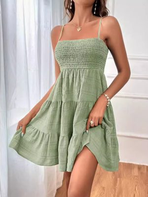 Summer Off-Shoulder Solid Texture Cami Dress