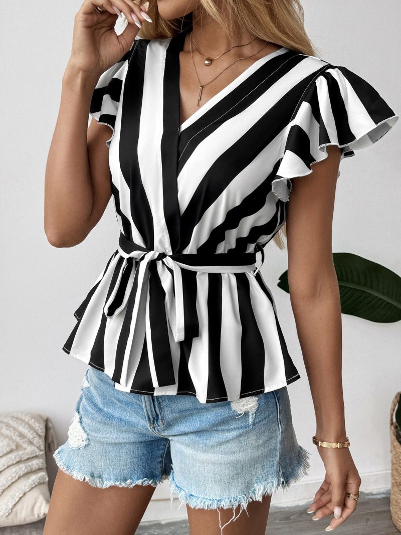 Simple Short Sleeve Ruffled Stripe Top Women - Image 2