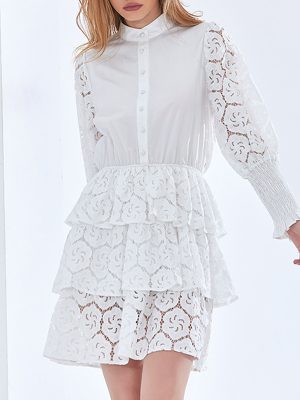 Spring French Embroidered Long Sleeve Tiered Dress