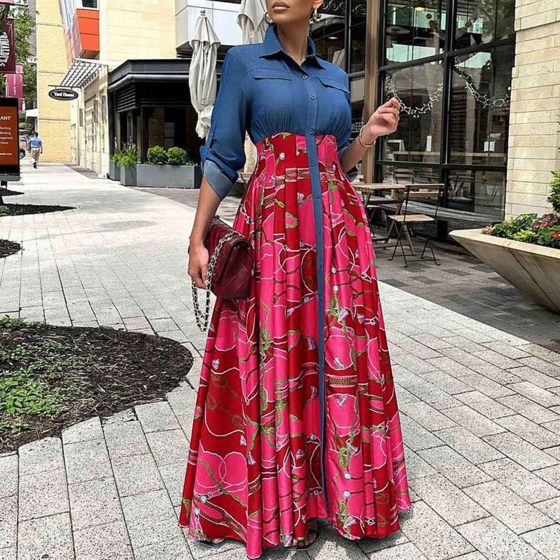 Women’s Casual Printed Denim Shirt Maxi Dress - Image 2