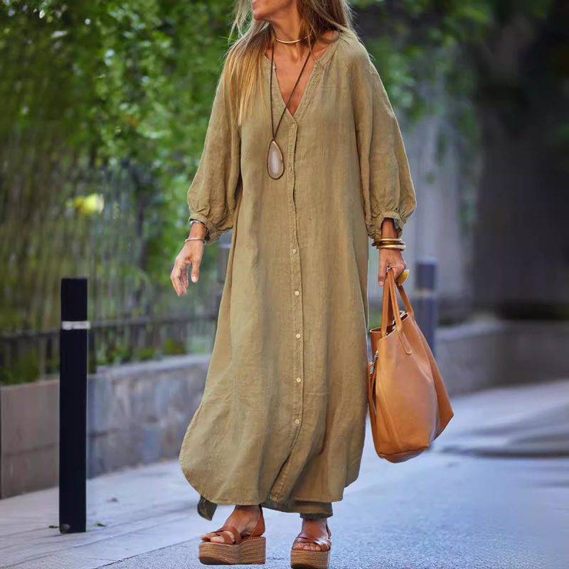 Long Sleeve Cotton Linen Casual Dress Women - Image 2