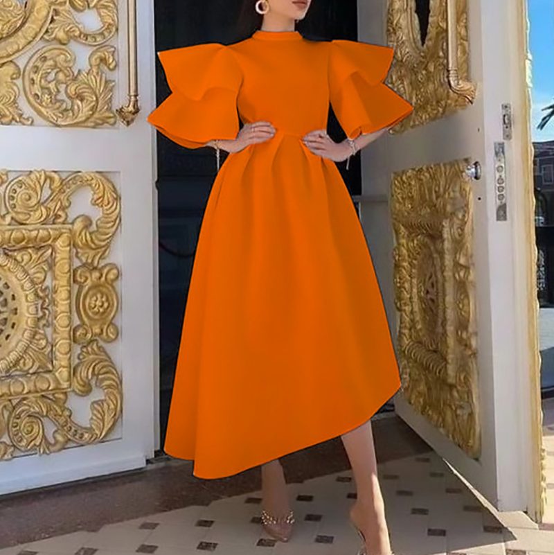 High Neck Ruffle Sleeve Asymmetric Summer Dress - Image 3