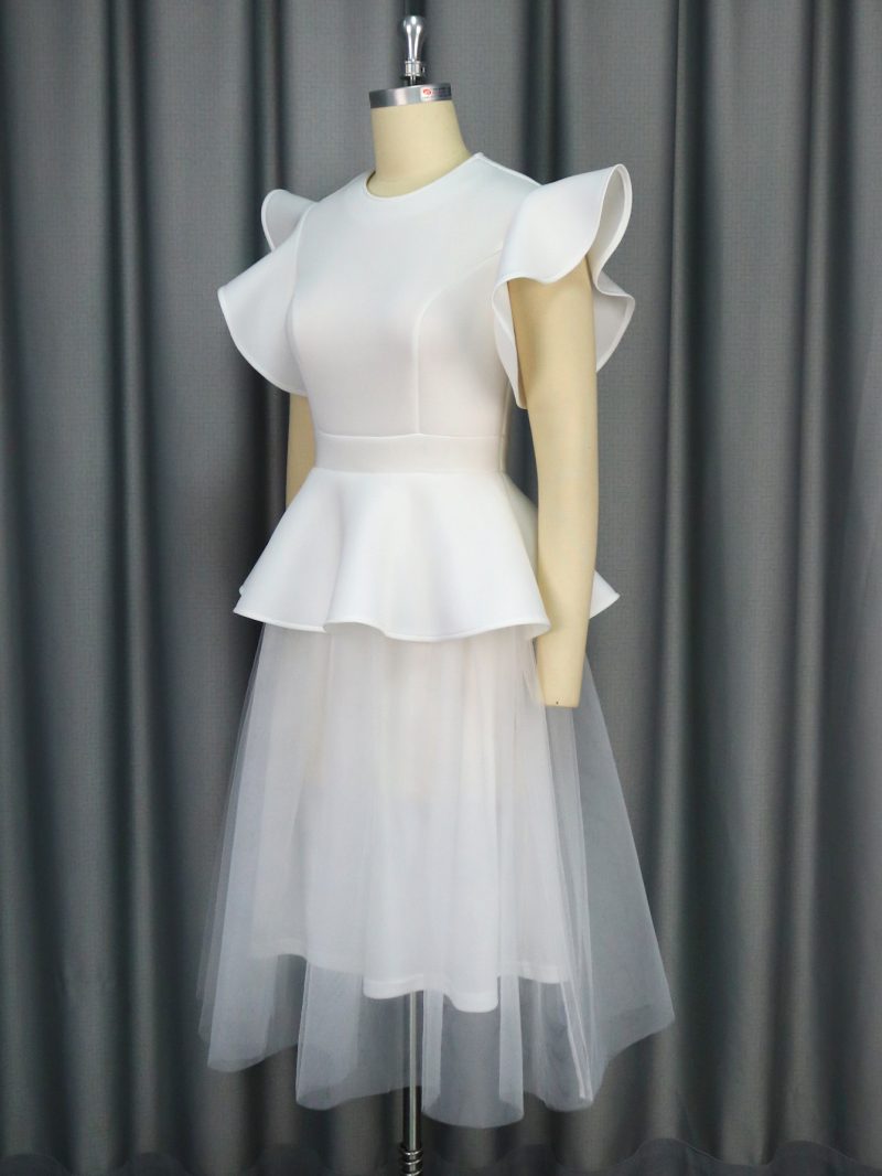 Ruffled Mesh Stitching Midi Wedding Dress Women - Image 3