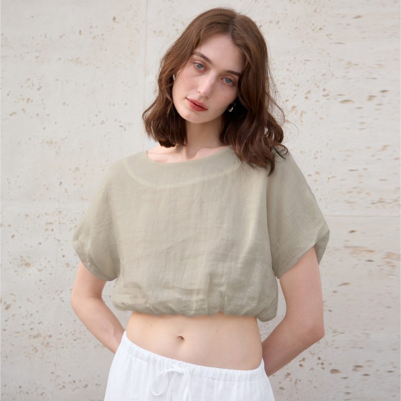 French Ramie Cropped Waist-Tight Summer Top - Image 3