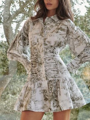 Vintage Ink Painting Collared Shirt Dress Women