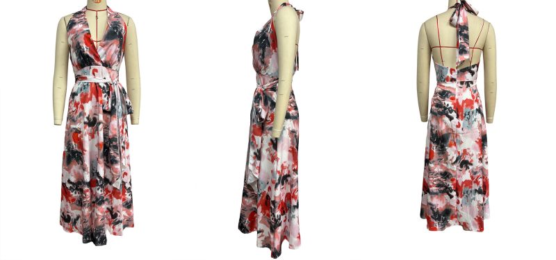 Tied V-Neck Printed Waist Slim A-Line Dress - Image 4