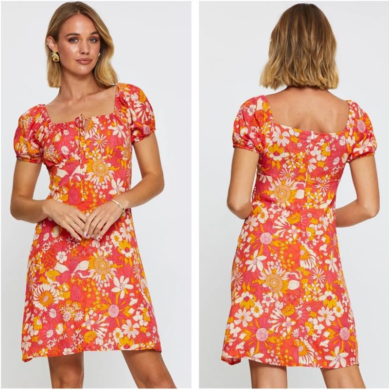 Square Collar Printed Lace Up Spring Dress - Image 4