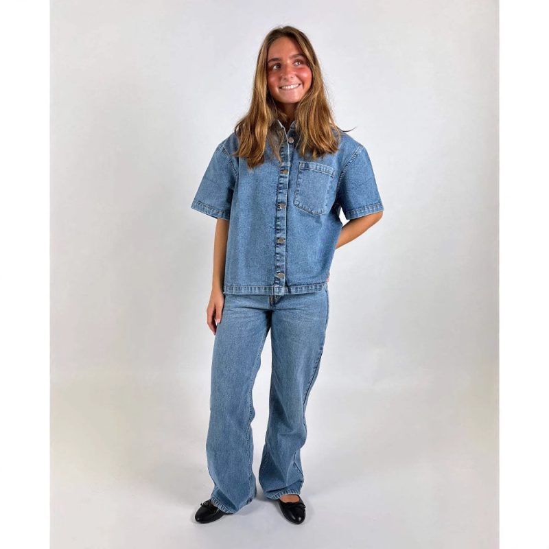 Women’s Summer Casual Short Sleeve Denim Top - Image 2
