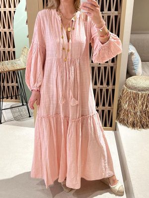 Bohemian V-Neck Cotton Linen Puff Sleeve Dress