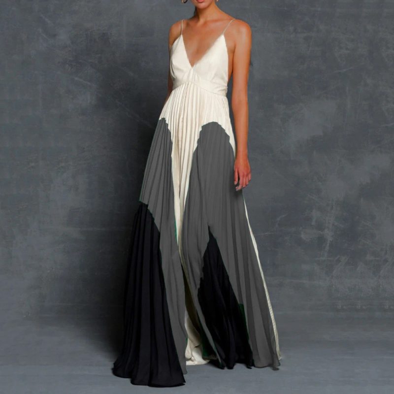 Colorblock Pleated Slim Fit Cami Maxi Dress - Image 4