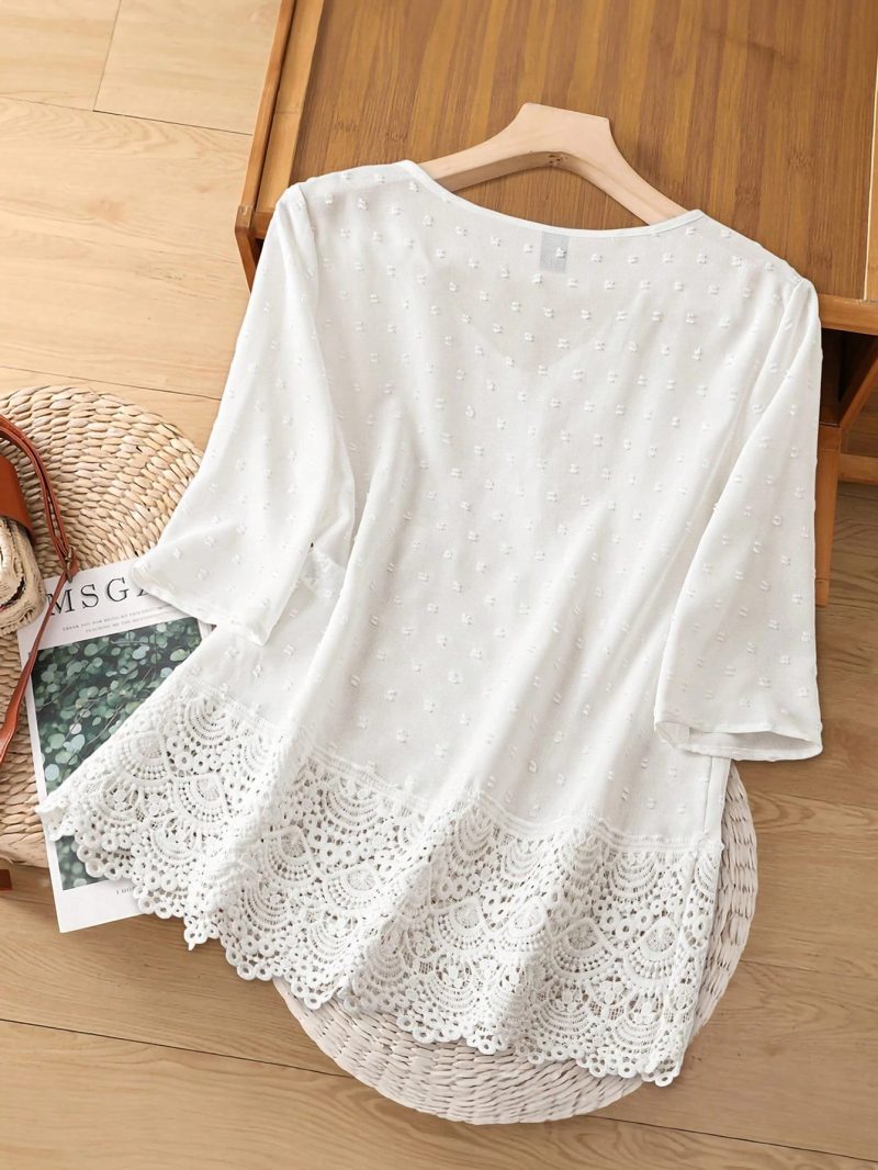 Casual Ruffled Cutout Embroidery Short Blouse Women - Image 4