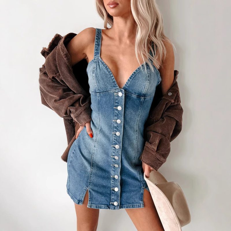 Retro Denim Strap Dress with Summer Cardigan