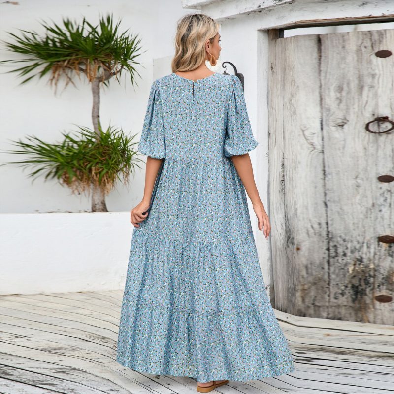 Women’s Retro Floral Round Neck Shirt Dress - Image 3