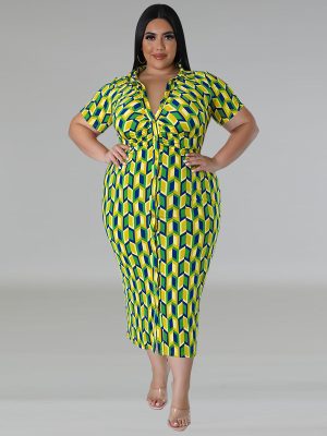 Short Sleeve Collared Plaid Cardigan Dress Women