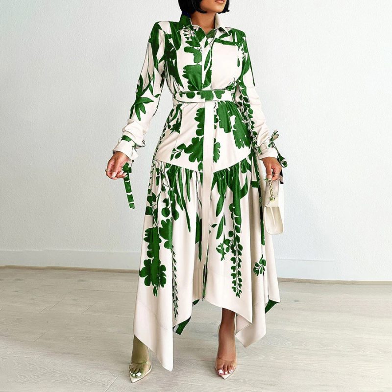 Pattern Print Asymmetric Long Sleeve Dress Women - Image 4