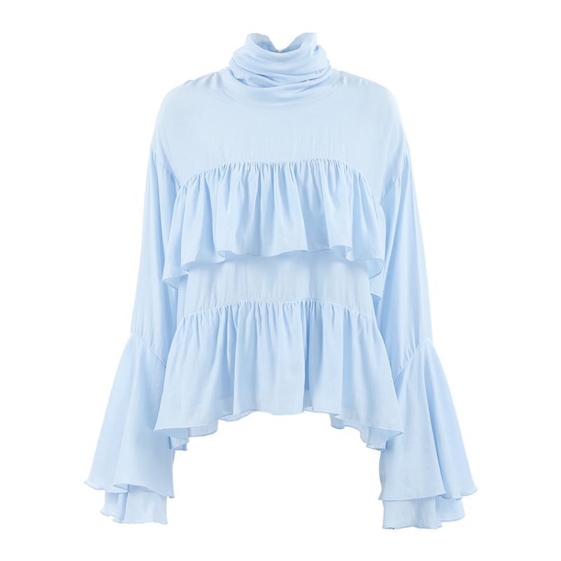 Elegant Blue Ruffled High Collar Shirt Women - Image 4