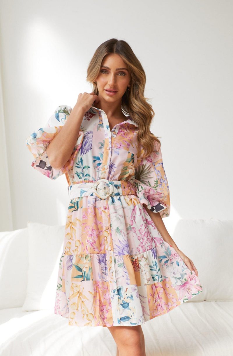 Short Sleeve Belted Bohemian A-Line Dress - Image 3