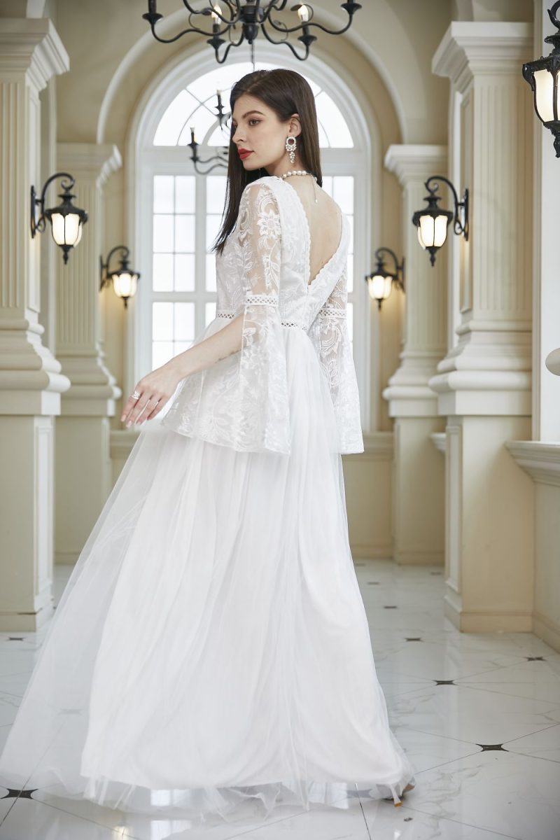 White Lace Mesh Long Sleeve Bridal Dress - Image 2