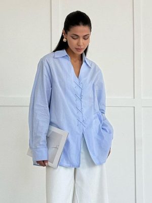 Spring Cotton Collared Cross-Tied Shirt for Women
