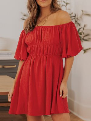 Solid Color Shoulder Baring Summer Dress Women
