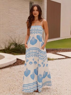 French Shell Print High Waist Maxi Dress