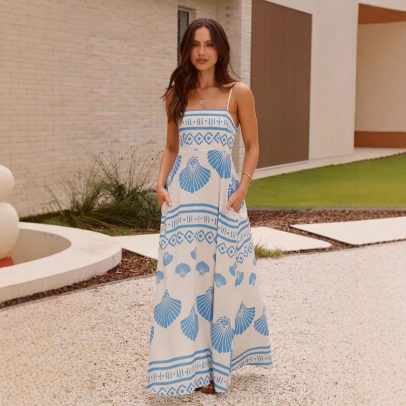 French Shell Print High Waist Maxi Dress