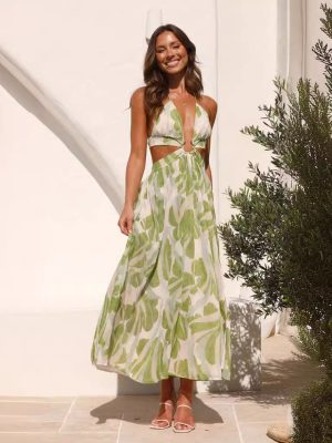 V-Neck Backless Lace Print Maxi Dress