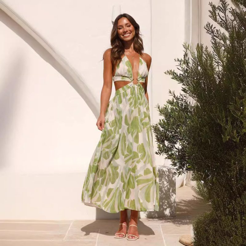 V-Neck Backless Lace Print Maxi Dress