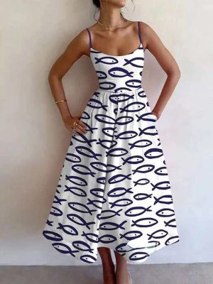 Spring Printed Pleated Waist Swing Sling Dress