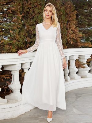 Elegant White Chiffon Lace V-Neck Dress