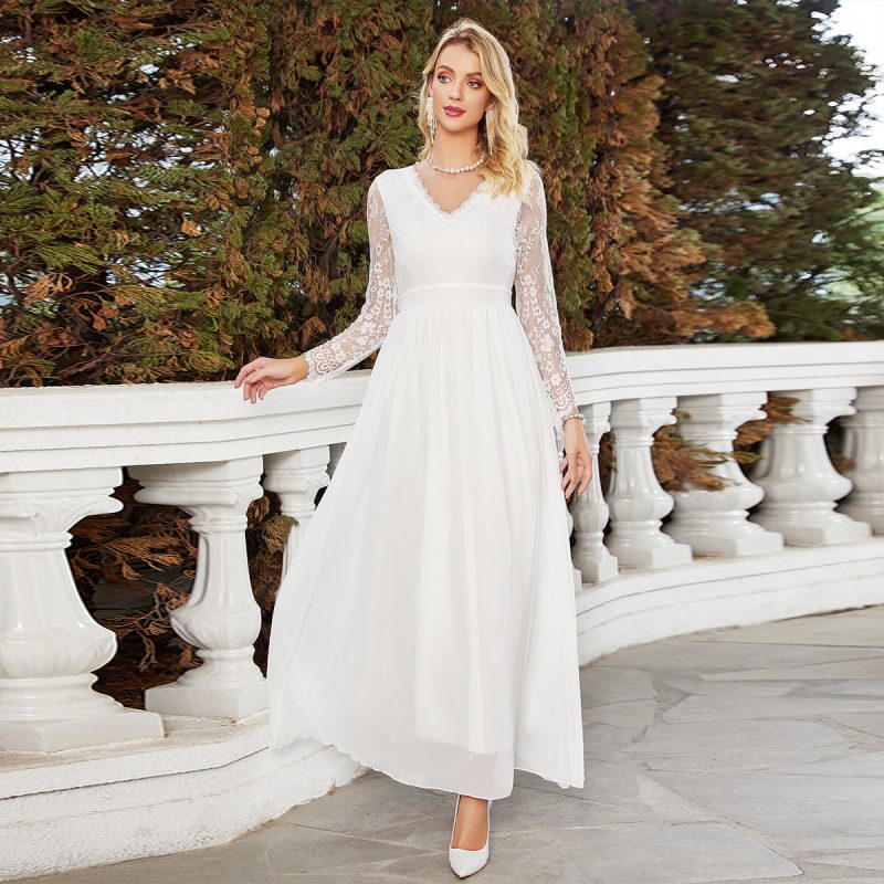 Elegant White Chiffon Lace V-Neck Dress