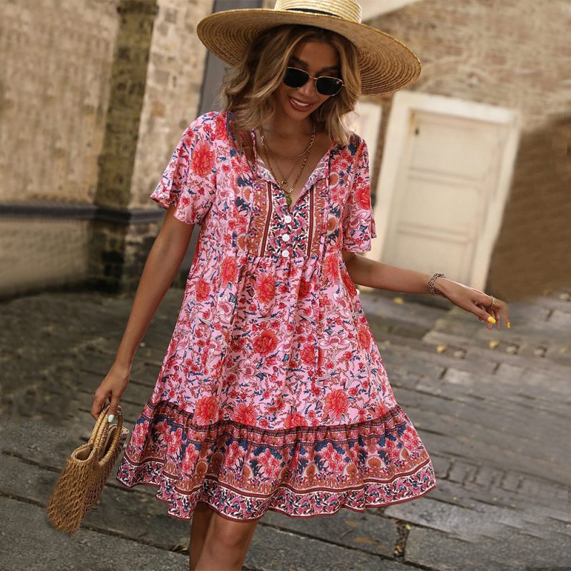 Printed V Neck Loose Woven Holiday Dress
