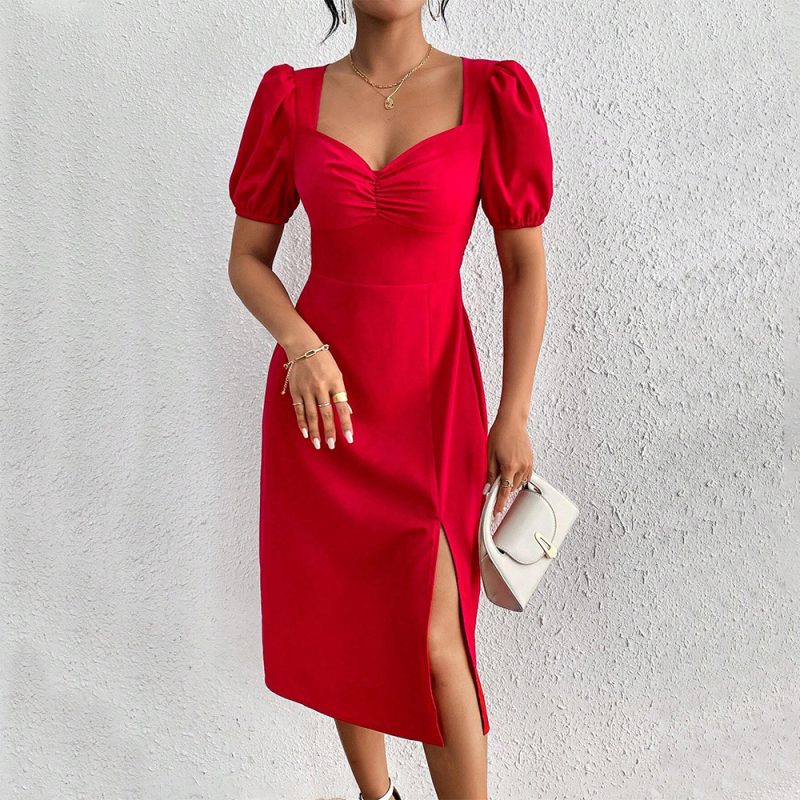 Graceful Square Neck Pleated Slit Dress - Image 4