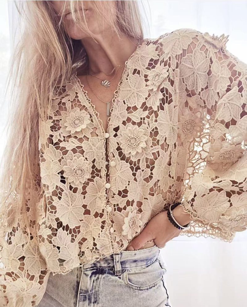 Women’s V-Neck Hollow Out Lace Blouse - Image 4