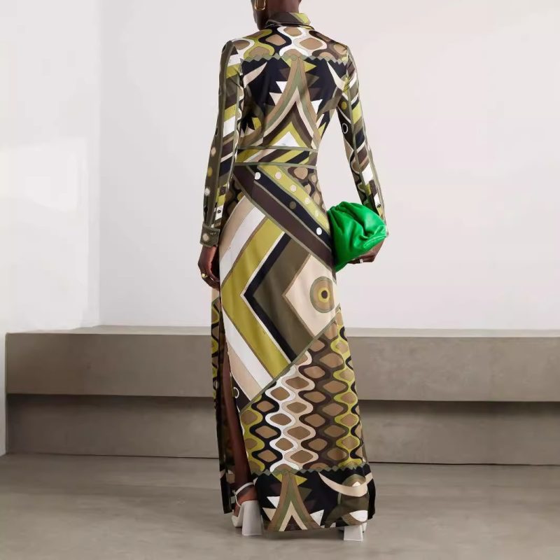 Collared Long Sleeve Printed Split Dress Women - Image 2