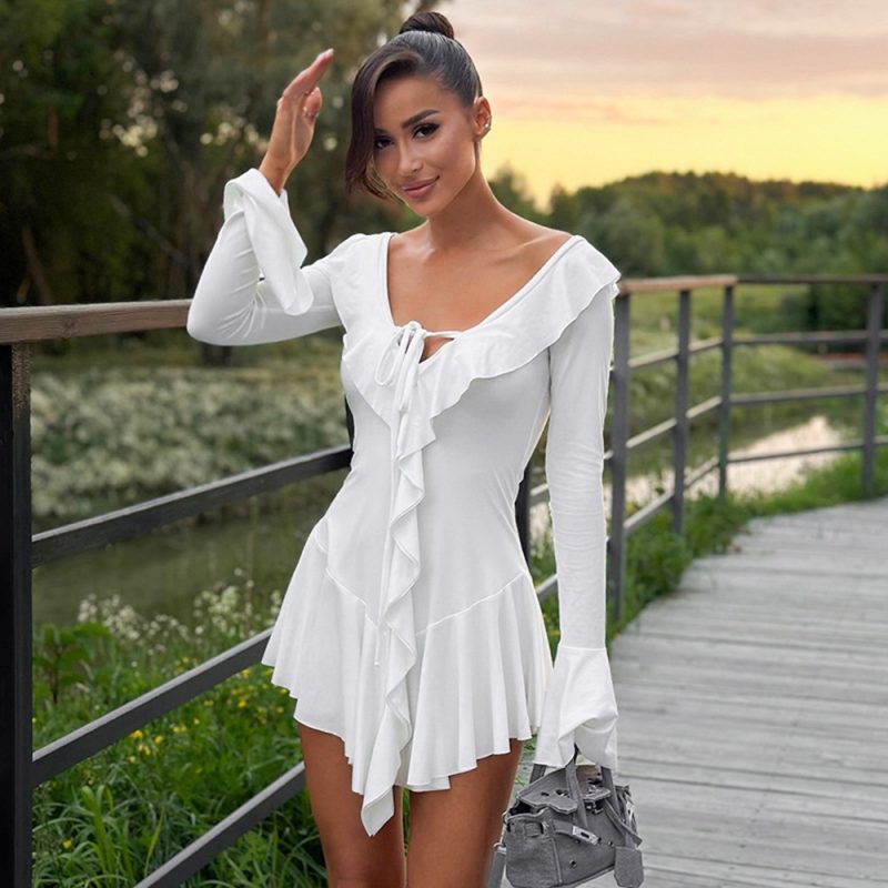 Ruffled Bell Sleeve Rope Tie Collar Dress - Image 2